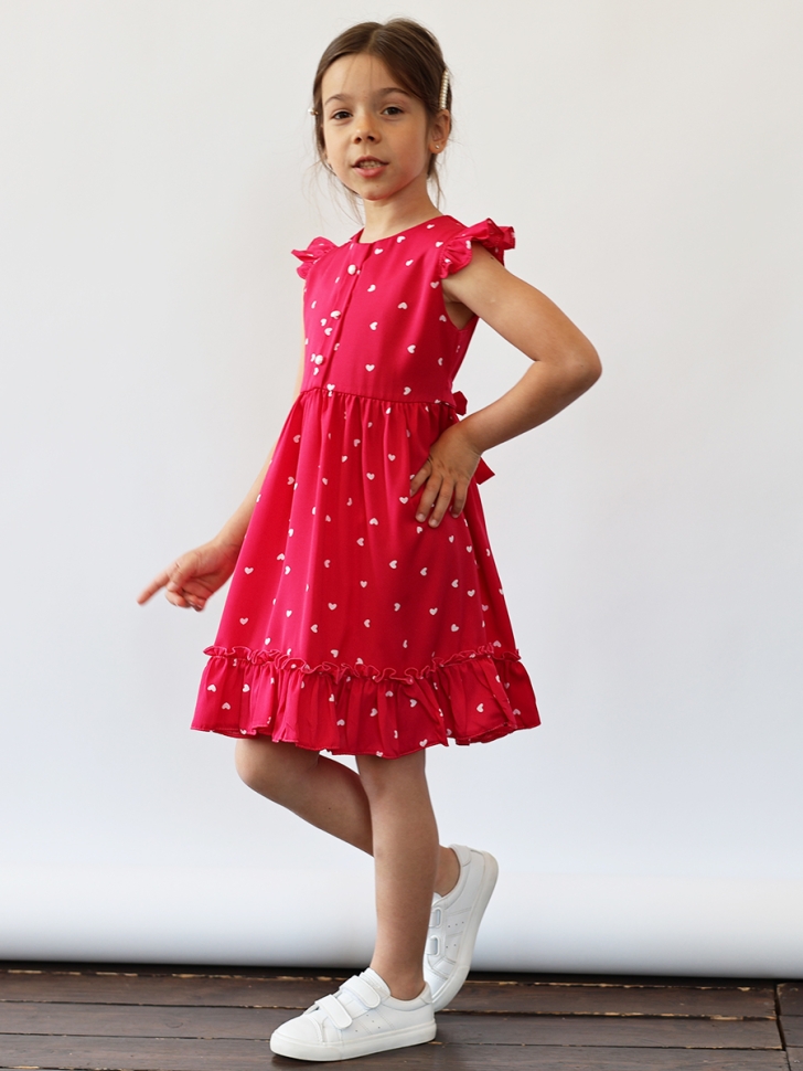 Платье для девочки вискоза БУШОН ST66, цвет фуксия принт сердце