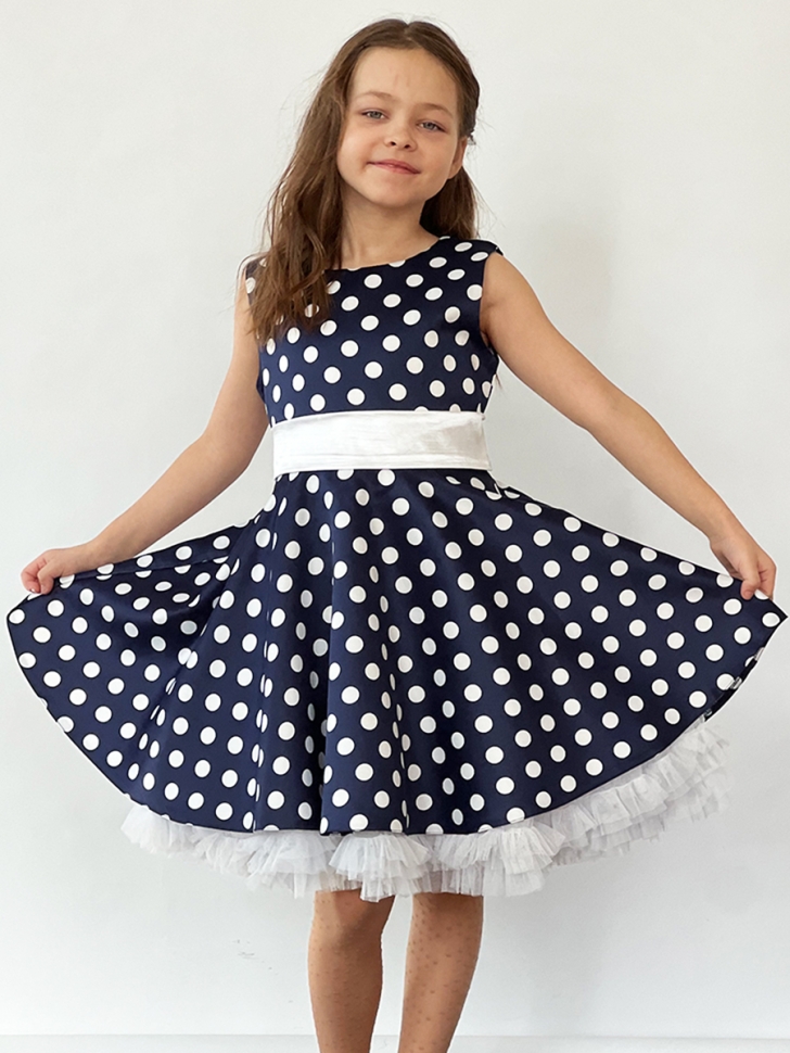Платье для девочки нарядное БУШОН ST10, стиляги цвет темно-синий, белый пояс, принт белый горошек 