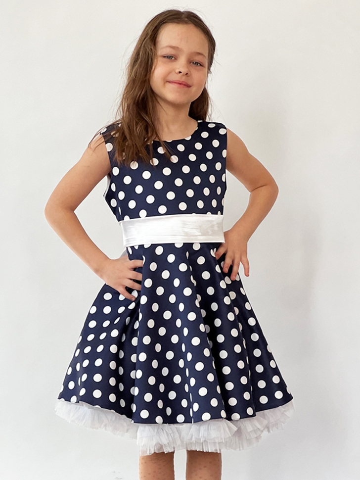 Платье для девочки нарядное БУШОН ST10, стиляги цвет темно-синий, белый пояс, принт белый горошек 