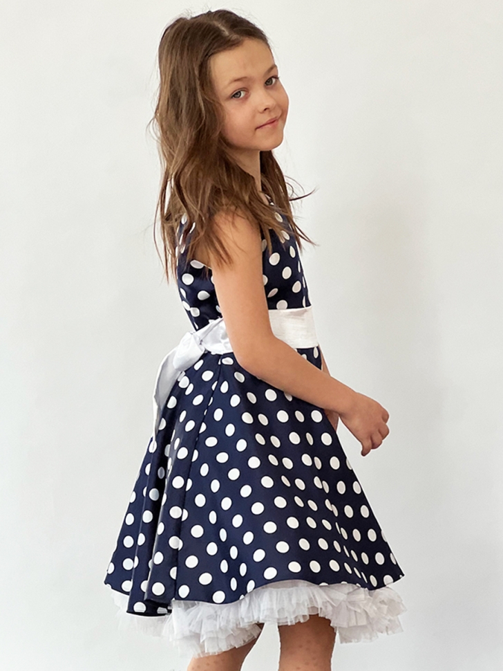Платье для девочки нарядное БУШОН ST10, стиляги цвет темно-синий, белый пояс, принт белый горошек 
