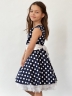 Платье для девочки нарядное БУШОН ST10, стиляги цвет темно-синий, белый пояс, принт белый горошек 
