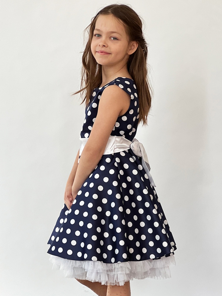 Платье для девочки нарядное БУШОН ST10, стиляги цвет темно-синий, белый пояс, принт белый горошек 