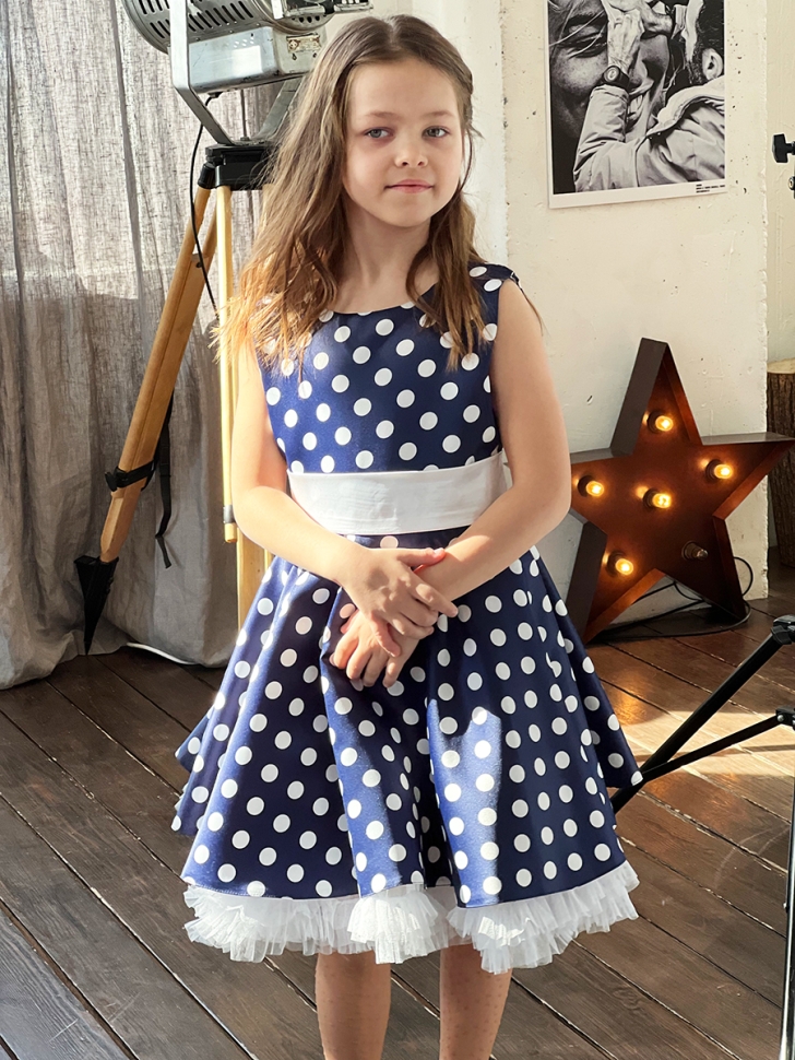Платье для девочки нарядное БУШОН ST10, стиляги цвет темно-синий, белый пояс, принт белый горошек 