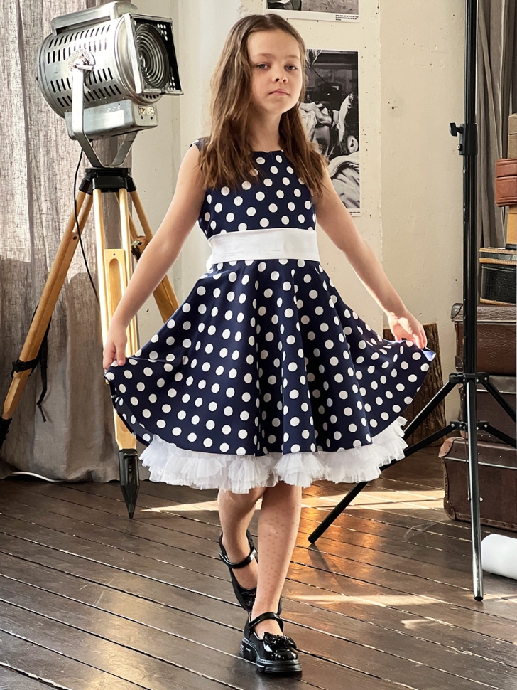 Платье для девочки нарядное БУШОН ST10, стиляги цвет темно-синий, белый пояс, принт белый горошек 