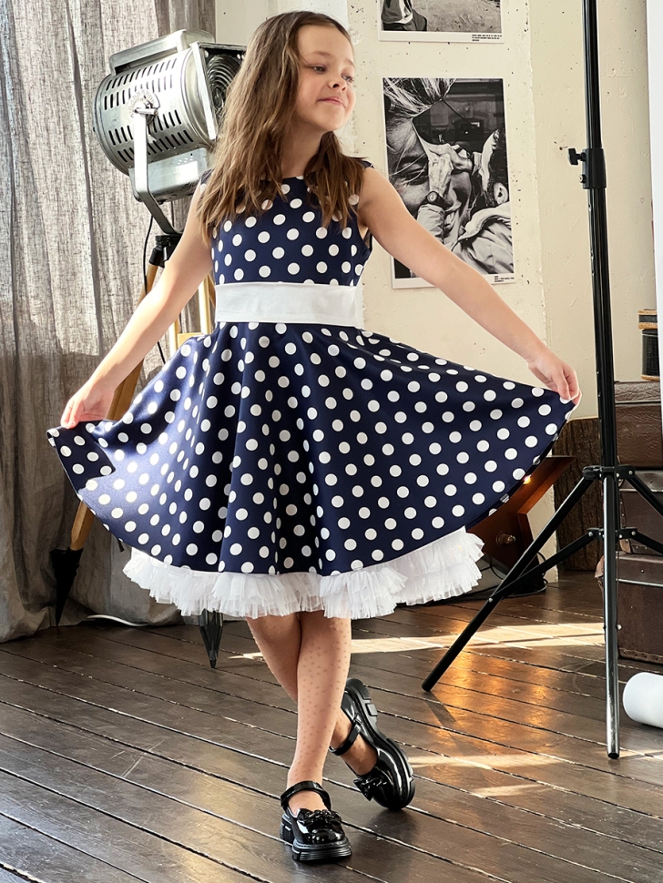 Платье для девочки нарядное БУШОН ST10, стиляги цвет темно-синий, белый пояс, принт белый горошек 