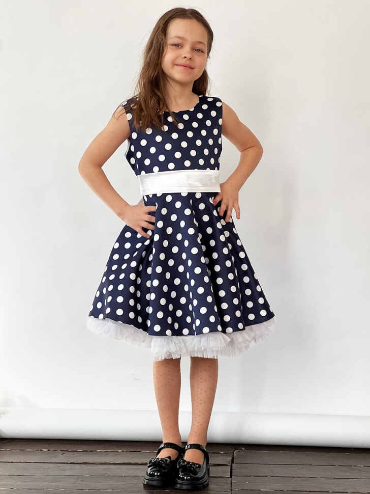 Платье для девочки нарядное БУШОН ST10, стиляги цвет темно-синий, белый пояс, принт белый горошек 