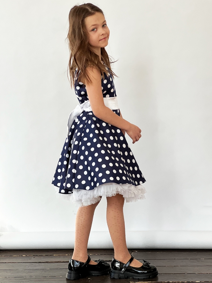 Платье для девочки нарядное БУШОН ST10, стиляги цвет темно-синий, белый пояс, принт белый горошек 