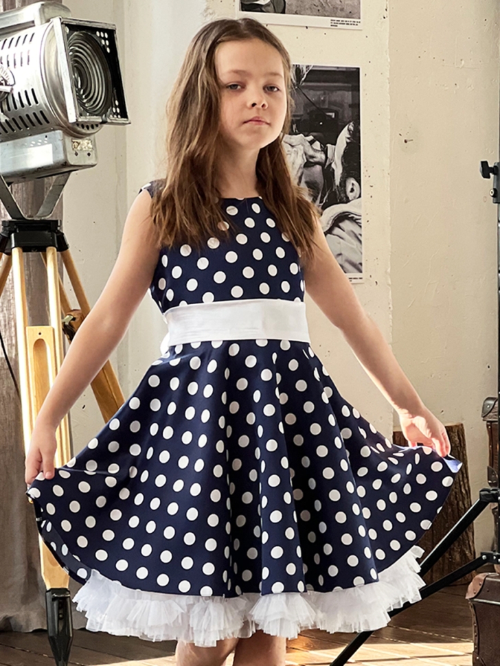 Платье для девочки нарядное БУШОН ST10, стиляги цвет темно-синий, белый пояс, принт белый горошек 