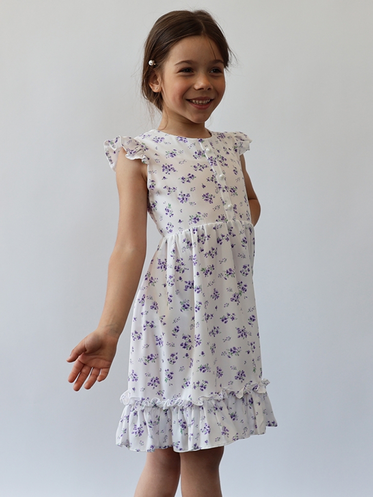 Платье для девочки вискоза БУШОН ST66, цвет белый/сиреневый цветы