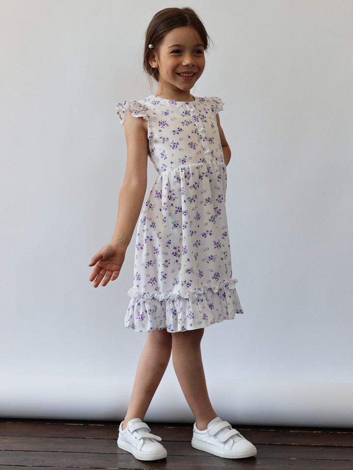 Платье для девочки вискоза БУШОН ST66, цвет белый/сиреневый цветы