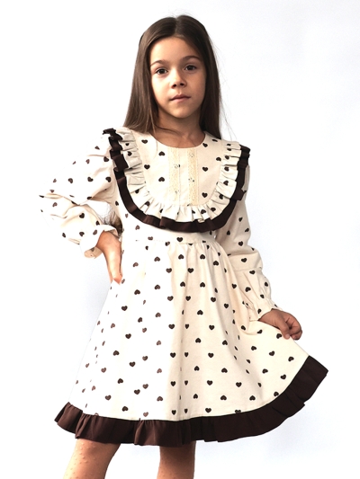 Платье для девочки нарядное БУШОН ST592, цвет светло-бежевый/коричневый сердечки