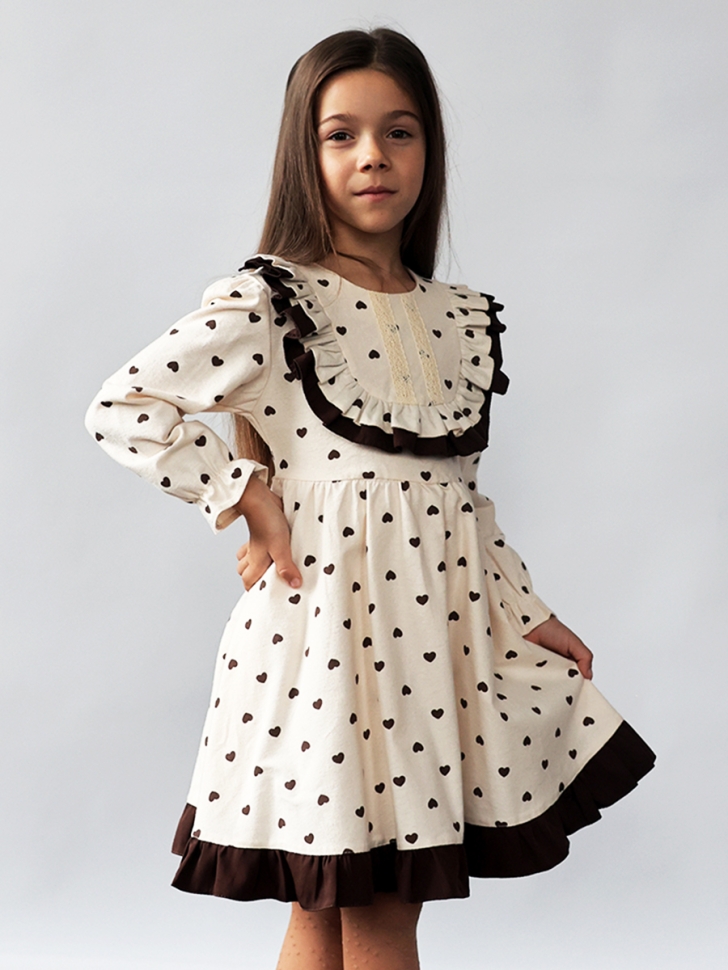 Платье для девочки нарядное БУШОН ST592, цвет светло-бежевый/коричневый сердечки 