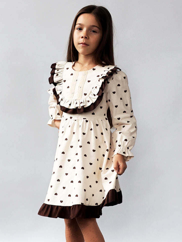 Платье для девочки нарядное БУШОН ST592, цвет светло-бежевый/коричневый сердечки 