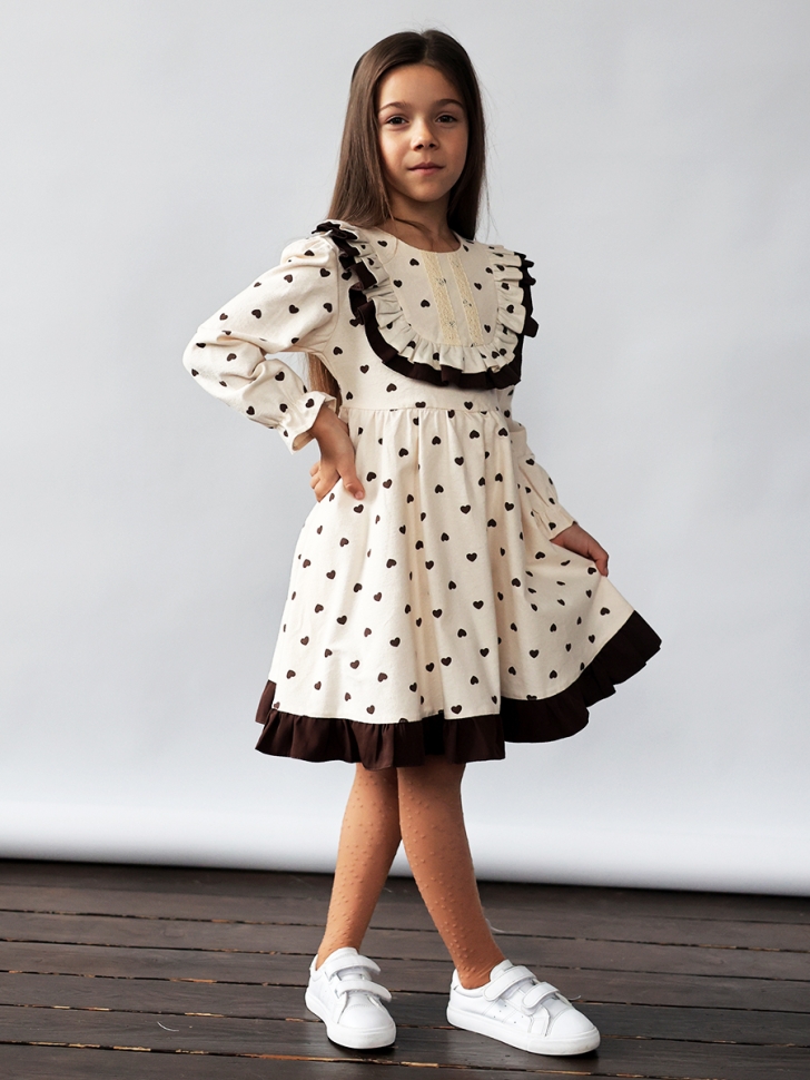 Платье для девочки нарядное БУШОН ST592, цвет светло-бежевый/коричневый сердечки 