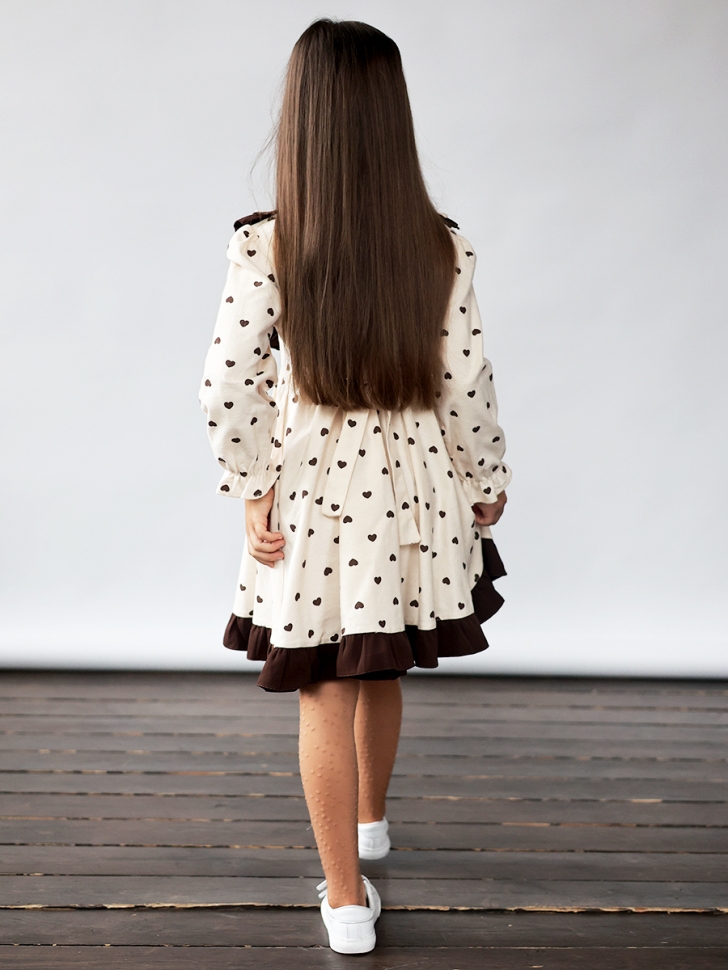 Платье для девочки нарядное БУШОН ST592, цвет светло-бежевый/коричневый сердечки 