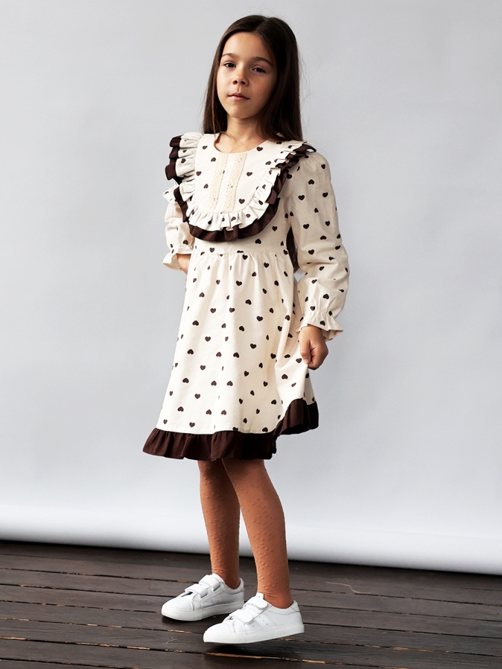 Платье для девочки нарядное БУШОН ST592, цвет светло-бежевый/коричневый сердечки 