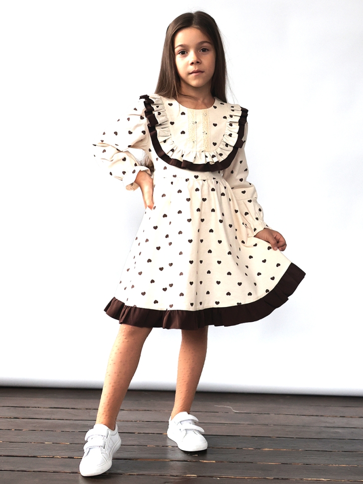 Платье для девочки нарядное БУШОН ST592, цвет светло-бежевый/коричневый сердечки 