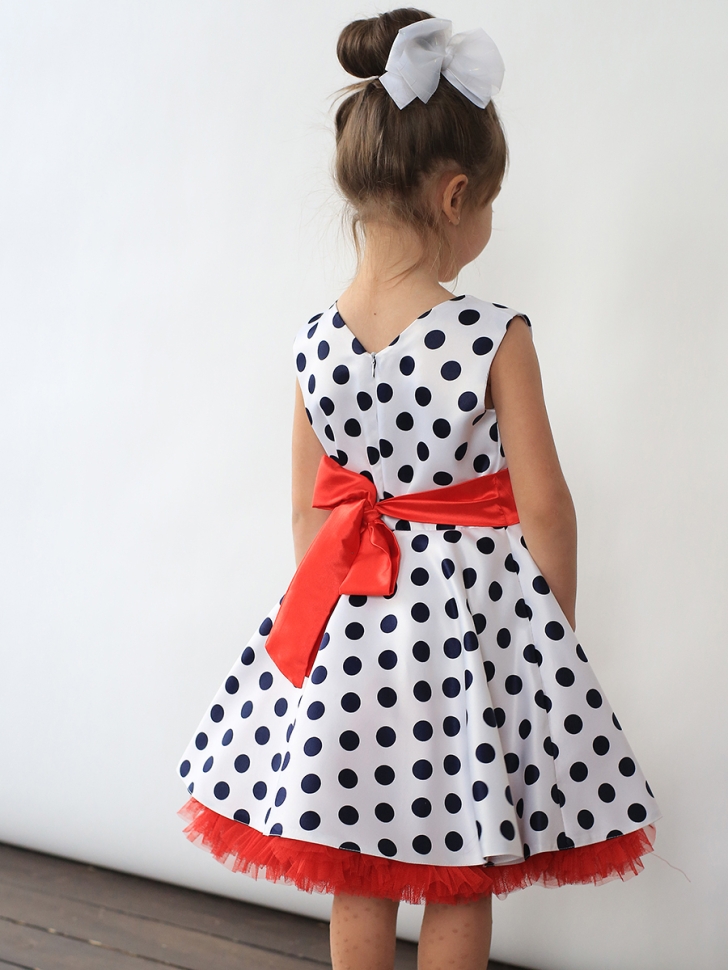 Платье для девочки нарядное БУШОН ST10, стиляги цвет белый, красный пояс, принт синий горошек 