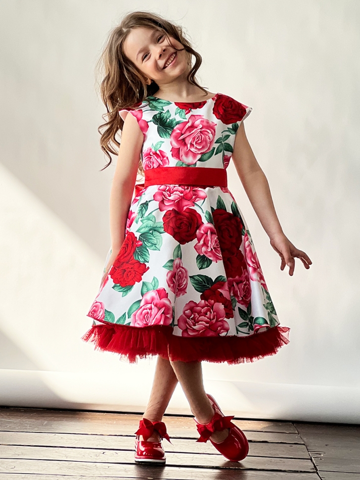 Платье для девочки нарядное БУШОН ST30, стиляги цвет белый/красный пояс красный, принт цветы 