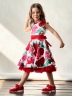 Платье для девочки нарядное БУШОН ST30, стиляги цвет белый/красный пояс красный, принт цветы 