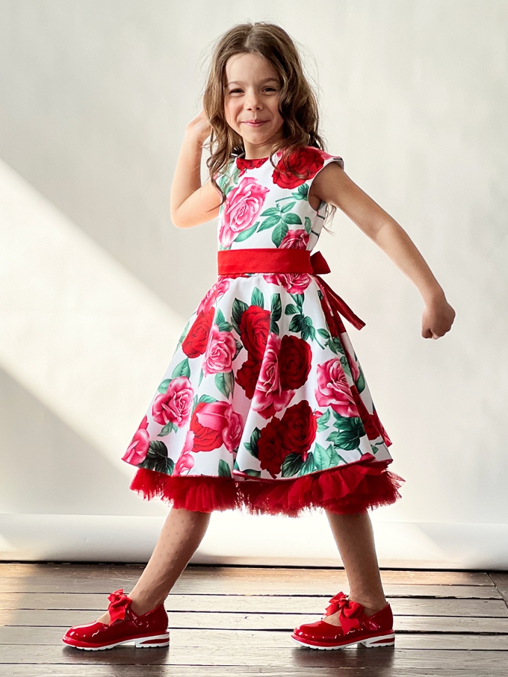 Платье для девочки нарядное БУШОН ST30, стиляги цвет белый/красный пояс красный, принт цветы 