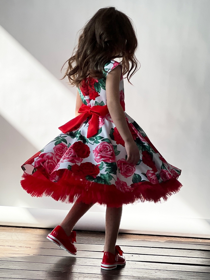 Платье для девочки нарядное БУШОН ST30, стиляги цвет белый/красный пояс красный, принт цветы 