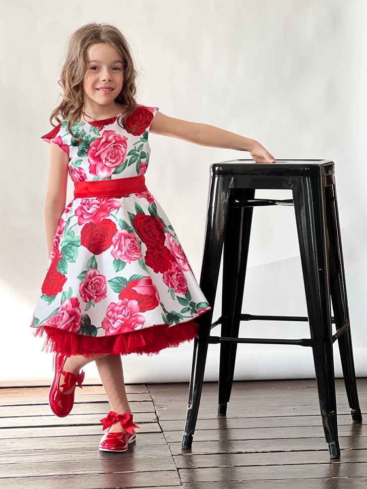Платье для девочки нарядное БУШОН ST30, стиляги цвет белый/красный пояс красный, принт цветы 