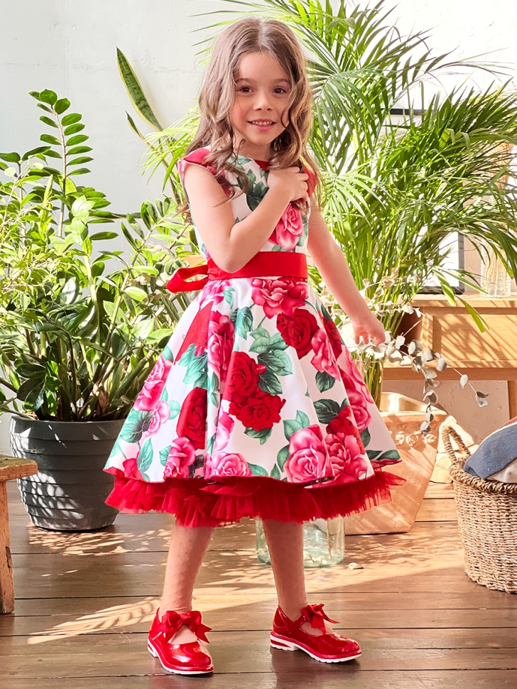 Платье для девочки нарядное БУШОН ST30, стиляги цвет белый/красный пояс красный, принт цветы 