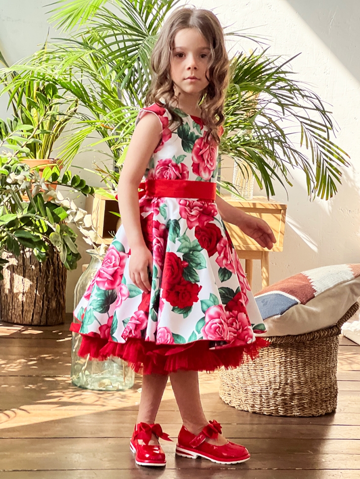 Платье для девочки нарядное БУШОН ST30, стиляги цвет белый/красный пояс красный, принт цветы 