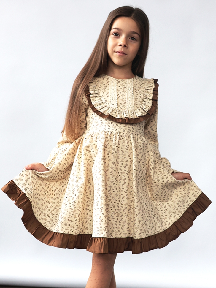 Платье для девочки нарядное БУШОН ST592, цвет бежевый/коричневый 