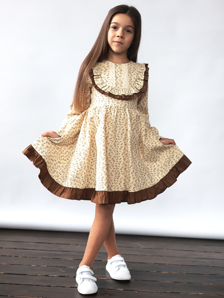 Платье для девочки нарядное БУШОН ST592, цвет бежевый/коричневый 