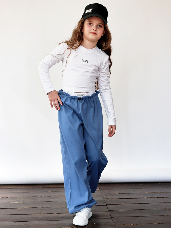 Комплект лонгслив и брюки для девочек БУШОН ST112, цвет джинс/белый