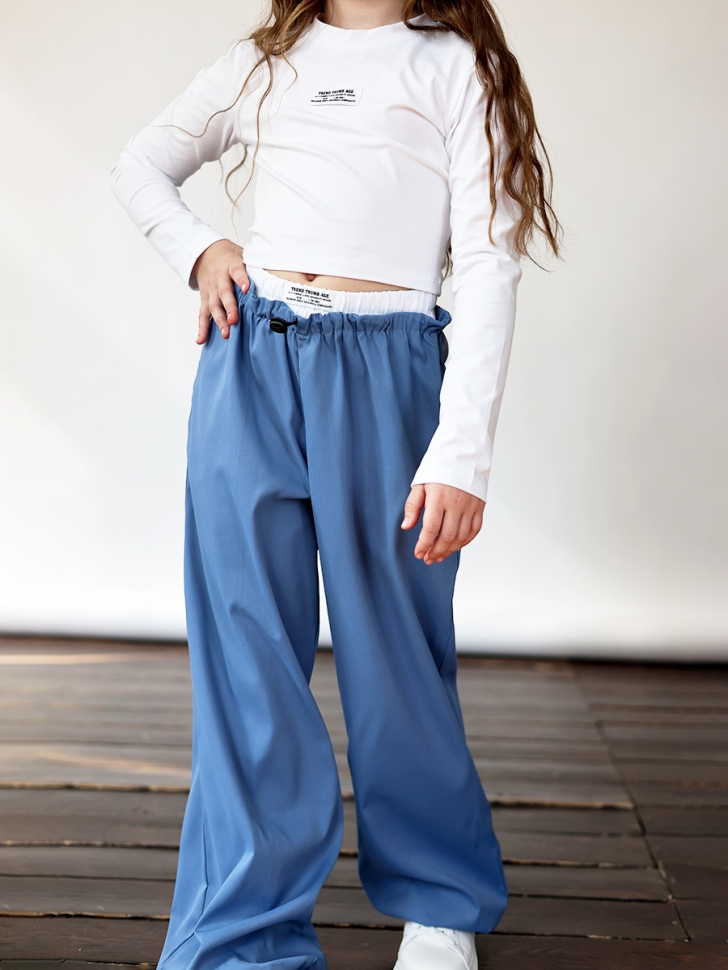 Комплект лонгслив и брюки для девочек БУШОН ST112, цвет джинс/белый