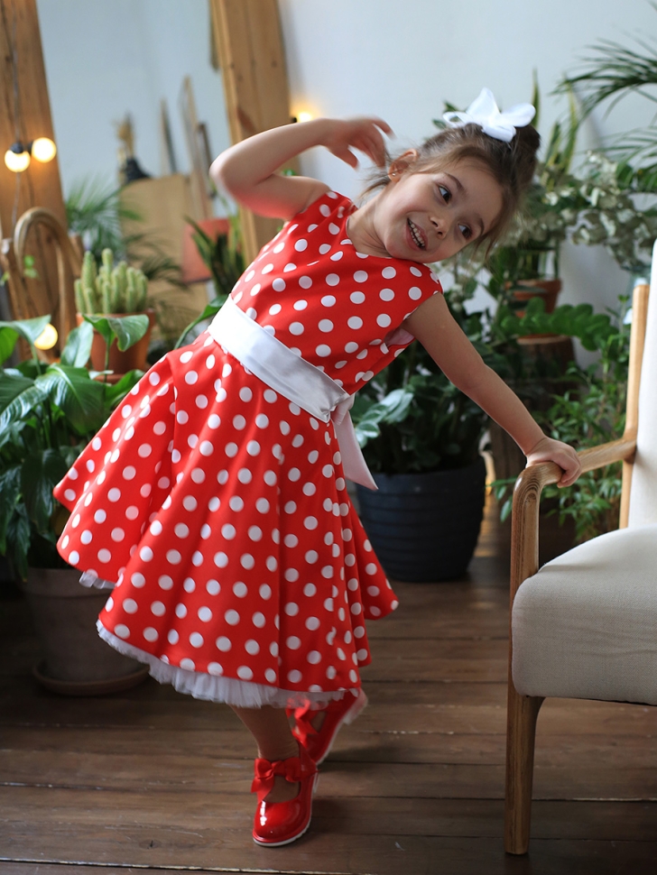 Платье для девочки нарядное БУШОН ST10, стиляги цвет красный, белый пояс, принт белый горошек 
