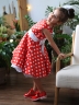 Платье для девочки нарядное БУШОН ST10, стиляги цвет красный, белый пояс, принт белый горошек 
