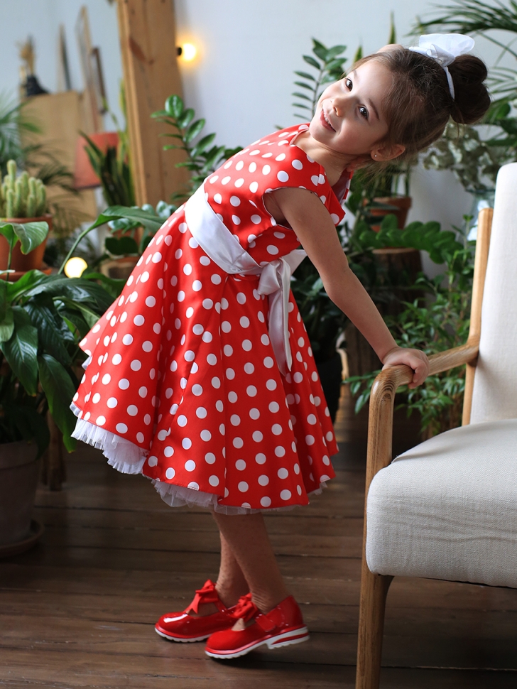 Платье для девочки нарядное БУШОН ST10, стиляги цвет красный, белый пояс, принт белый горошек 