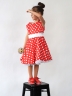 Платье для девочки нарядное БУШОН ST10, стиляги цвет красный, белый пояс, принт белый горошек 