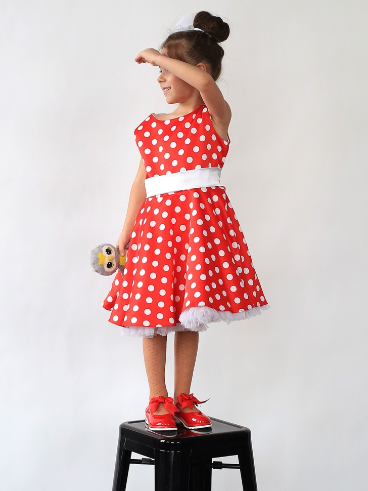 Платье для девочки нарядное БУШОН ST10, стиляги цвет красный, белый пояс, принт белый горошек 