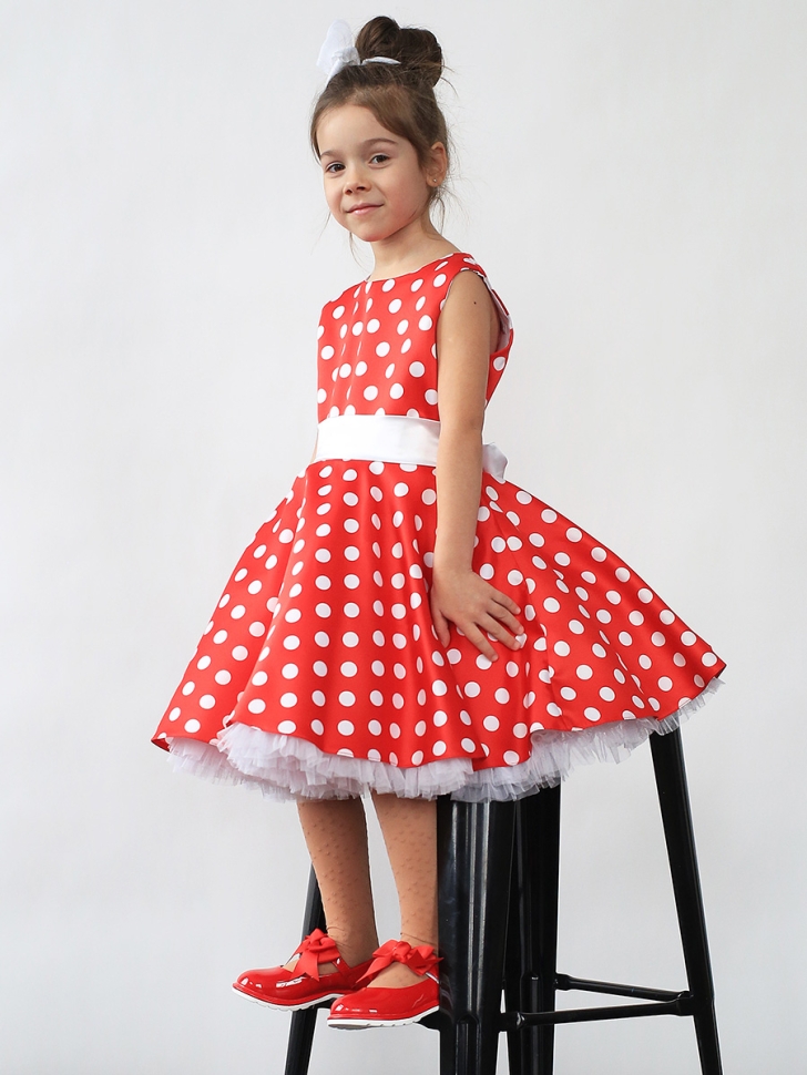 Платье для девочки нарядное БУШОН ST10, стиляги цвет красный, белый пояс, принт белый горошек 