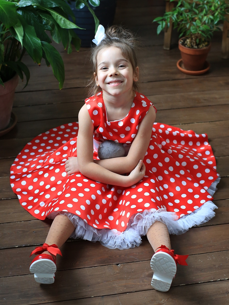 Платье для девочки нарядное БУШОН ST10, стиляги цвет красный, белый пояс, принт белый горошек 