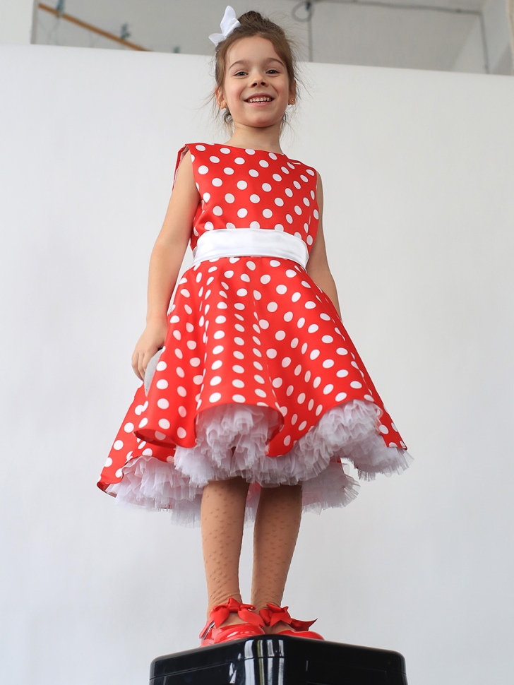 Платье для девочки нарядное БУШОН ST10, стиляги цвет красный, белый пояс, принт белый горошек 