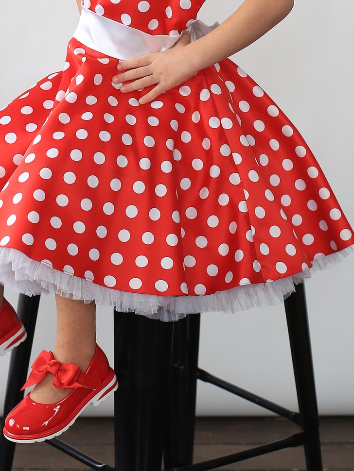 Платье для девочки нарядное БУШОН ST10, стиляги цвет красный, белый пояс, принт белый горошек 