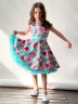 Платье для девочки нарядное БУШОН ST30, стиляги цвет бирюза/розовый пояс бирюза, принт цветы 
