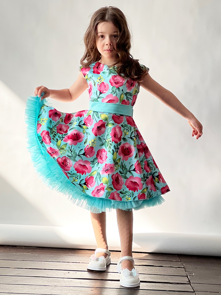 Платье для девочки нарядное БУШОН ST30, стиляги цвет бирюза/розовый пояс бирюза, принт цветы 