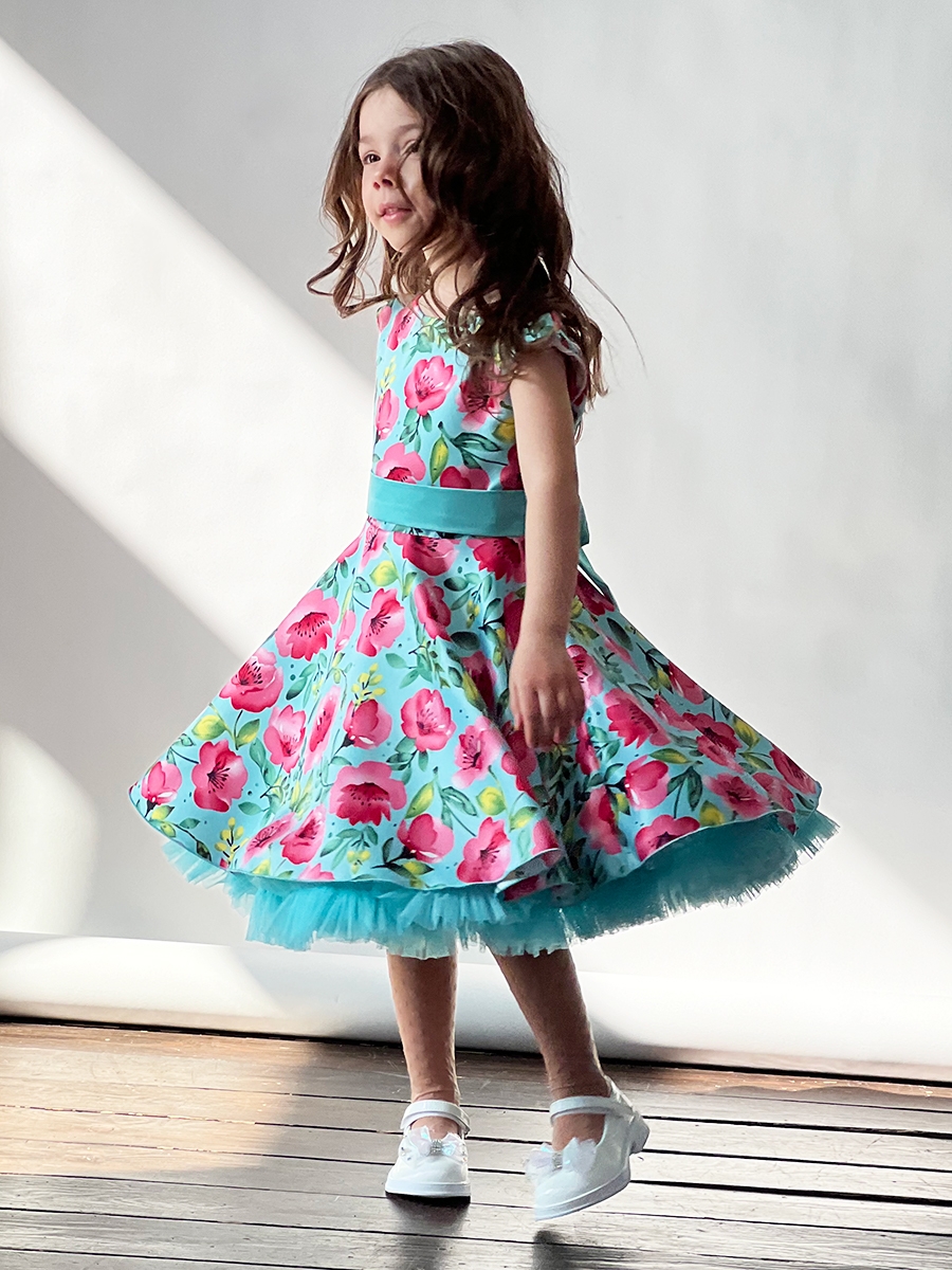 Платье для девочки нарядное БУШОН ST30, стиляги цвет бирюза/розовый пояс бирюза, принт цветы 