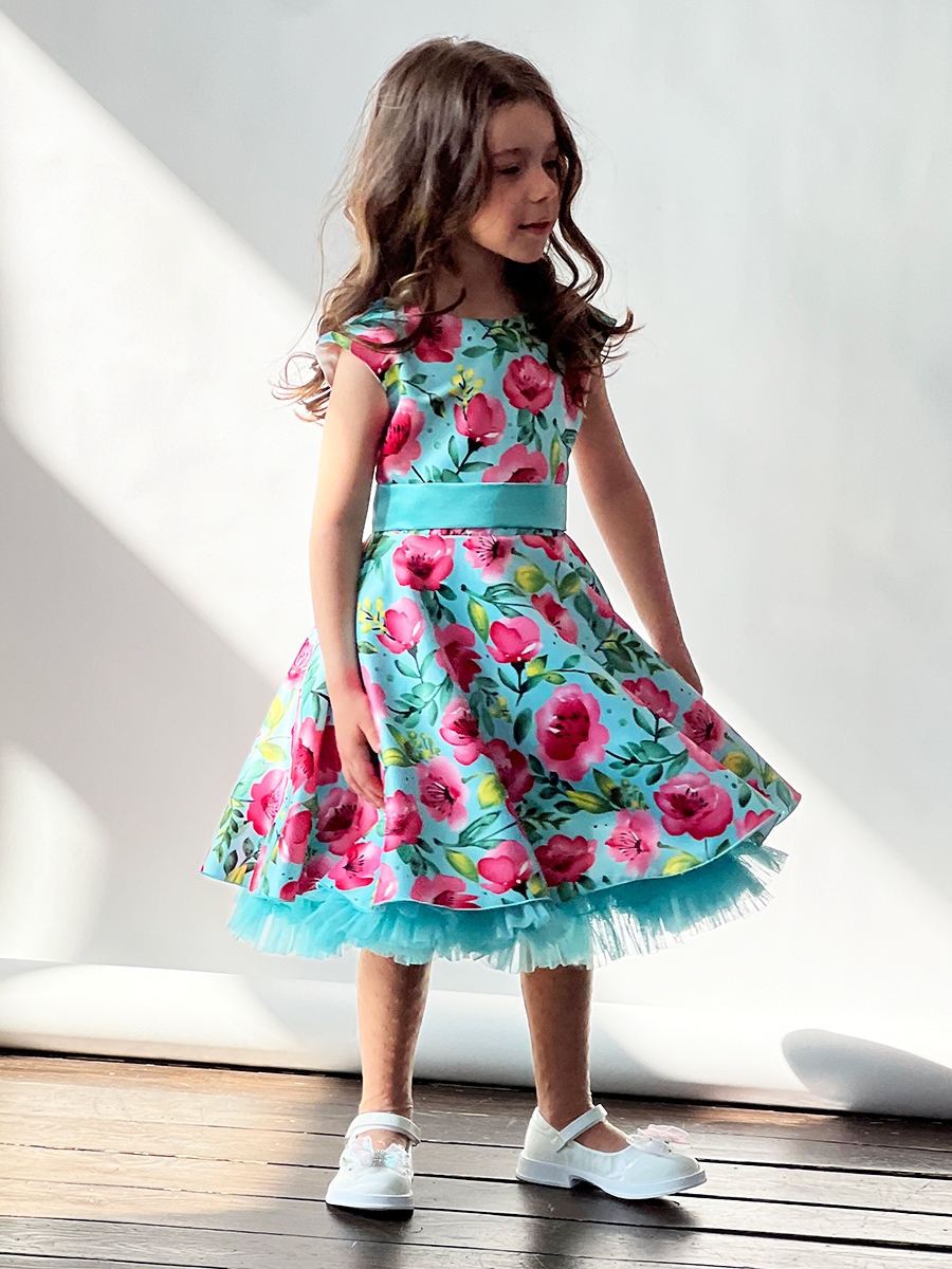 Платье для девочки нарядное БУШОН ST30, стиляги цвет бирюза/розовый пояс бирюза, принт цветы 