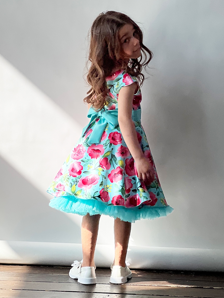 Платье для девочки нарядное БУШОН ST30, стиляги цвет бирюза/розовый пояс бирюза, принт цветы 