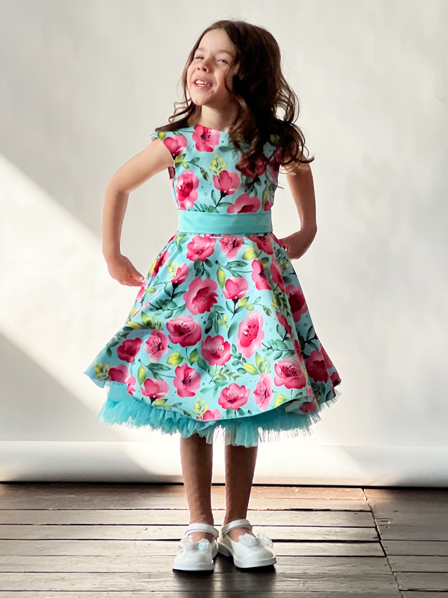 Платье для девочки нарядное БУШОН ST30, стиляги цвет бирюза/розовый пояс бирюза, принт цветы 