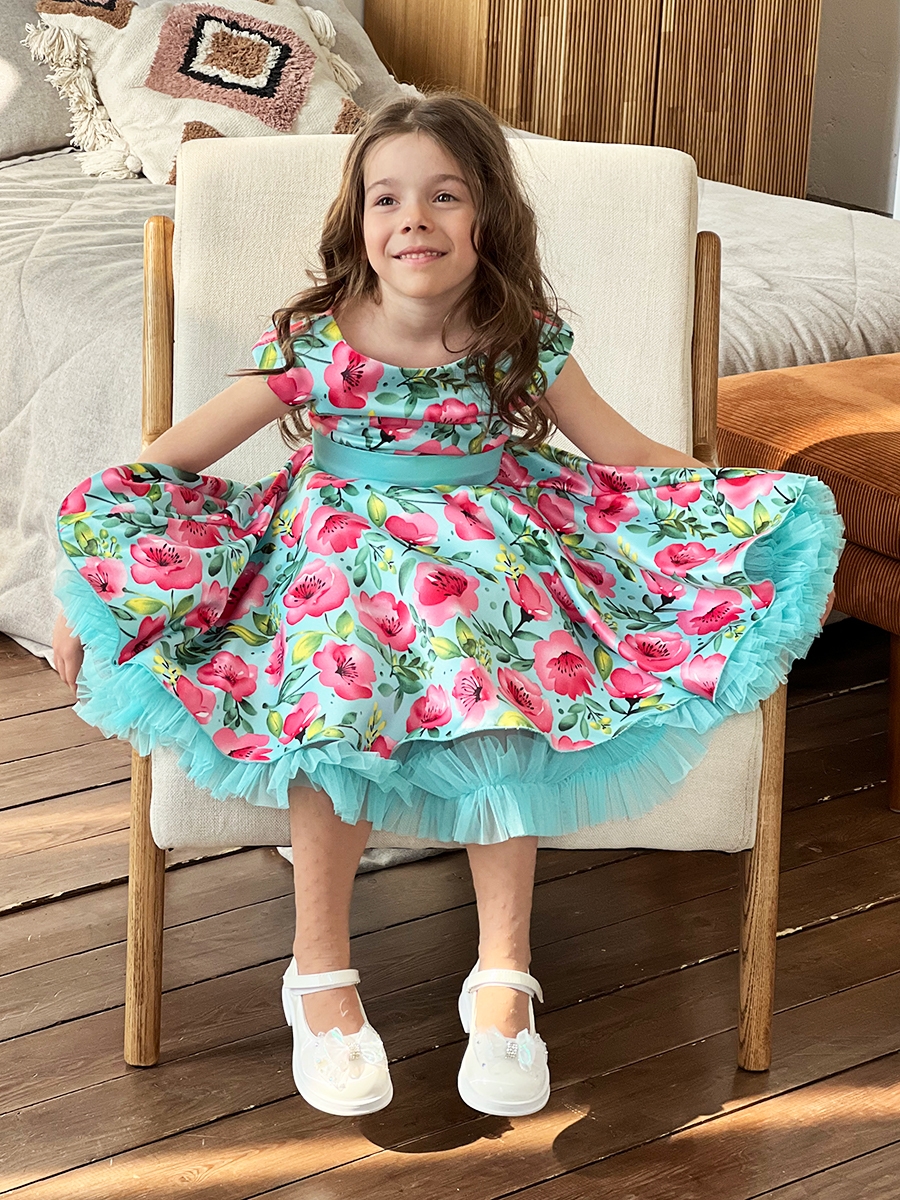 Платье для девочки нарядное БУШОН ST30, стиляги цвет бирюза/розовый пояс бирюза, принт цветы 