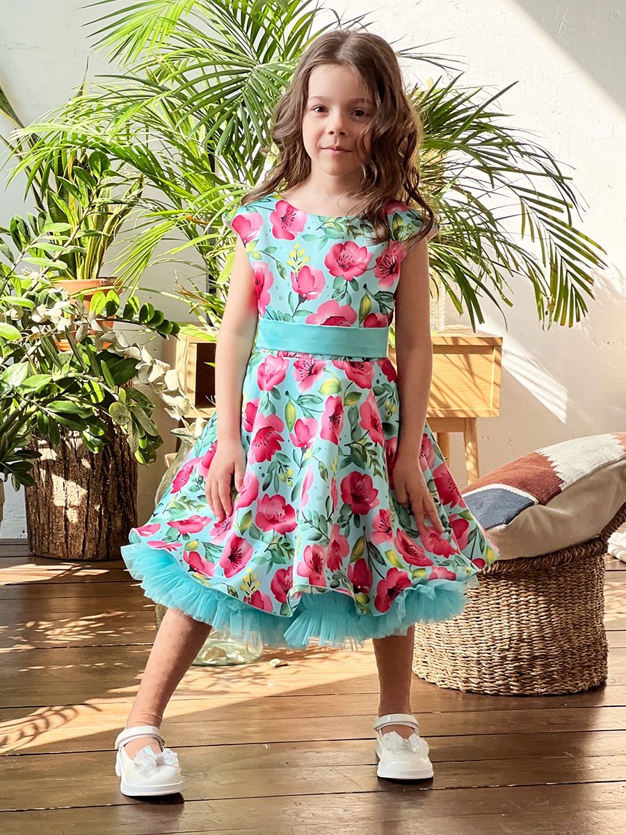 Платье для девочки нарядное БУШОН ST30, стиляги цвет бирюза/розовый пояс бирюза, принт цветы 